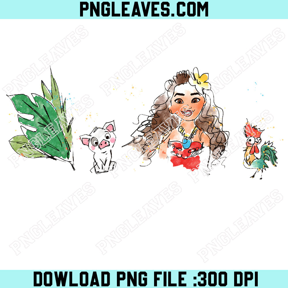 Watercolor Disney Moana Princess Png, I Am Moana Png, Pua Pig and Hei Hei Tee Png