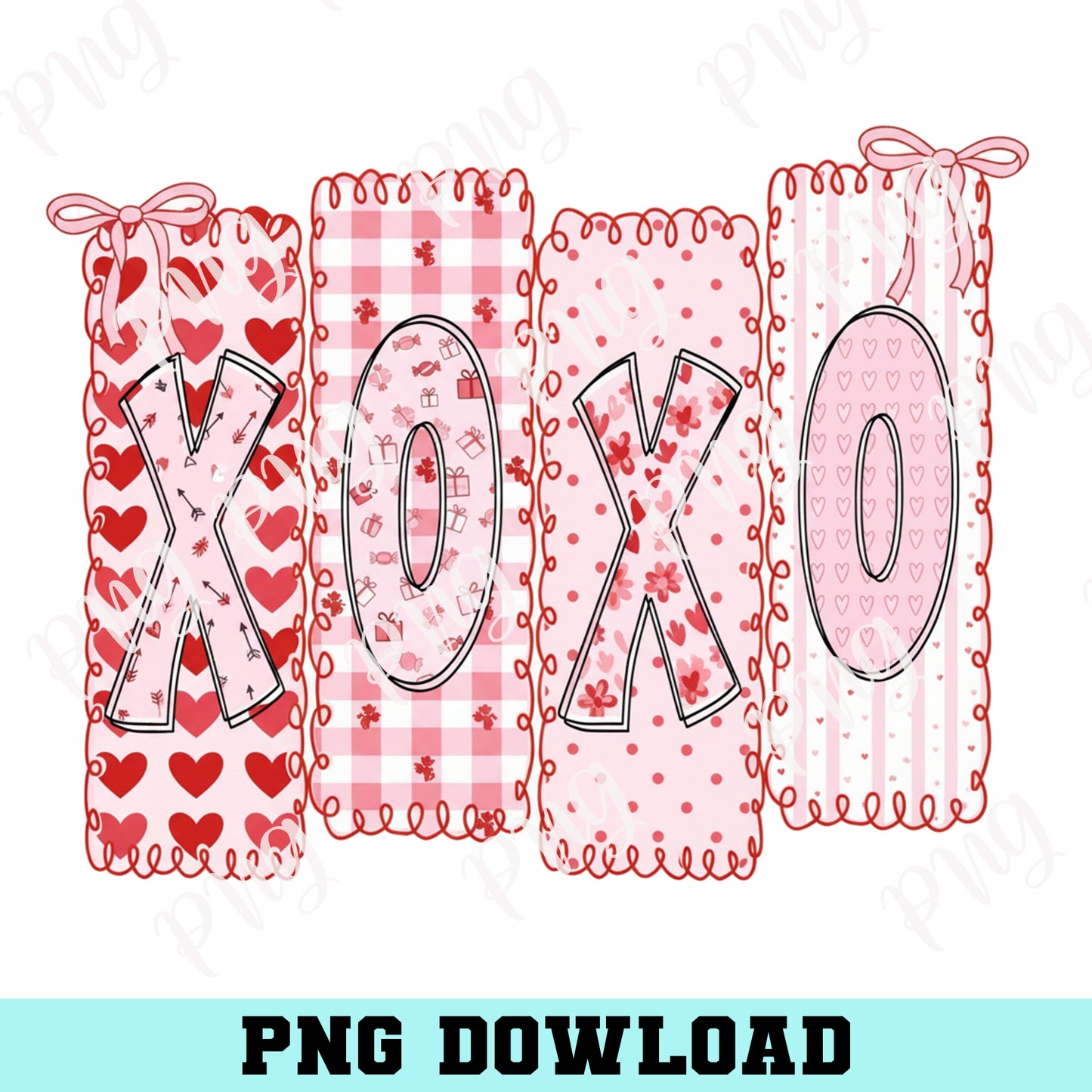 Xoxo valentine Bow PNG, Preppy Coquette Bow Heart Valentine's Day Pink Red Gingham Polka Dot Stripe Png