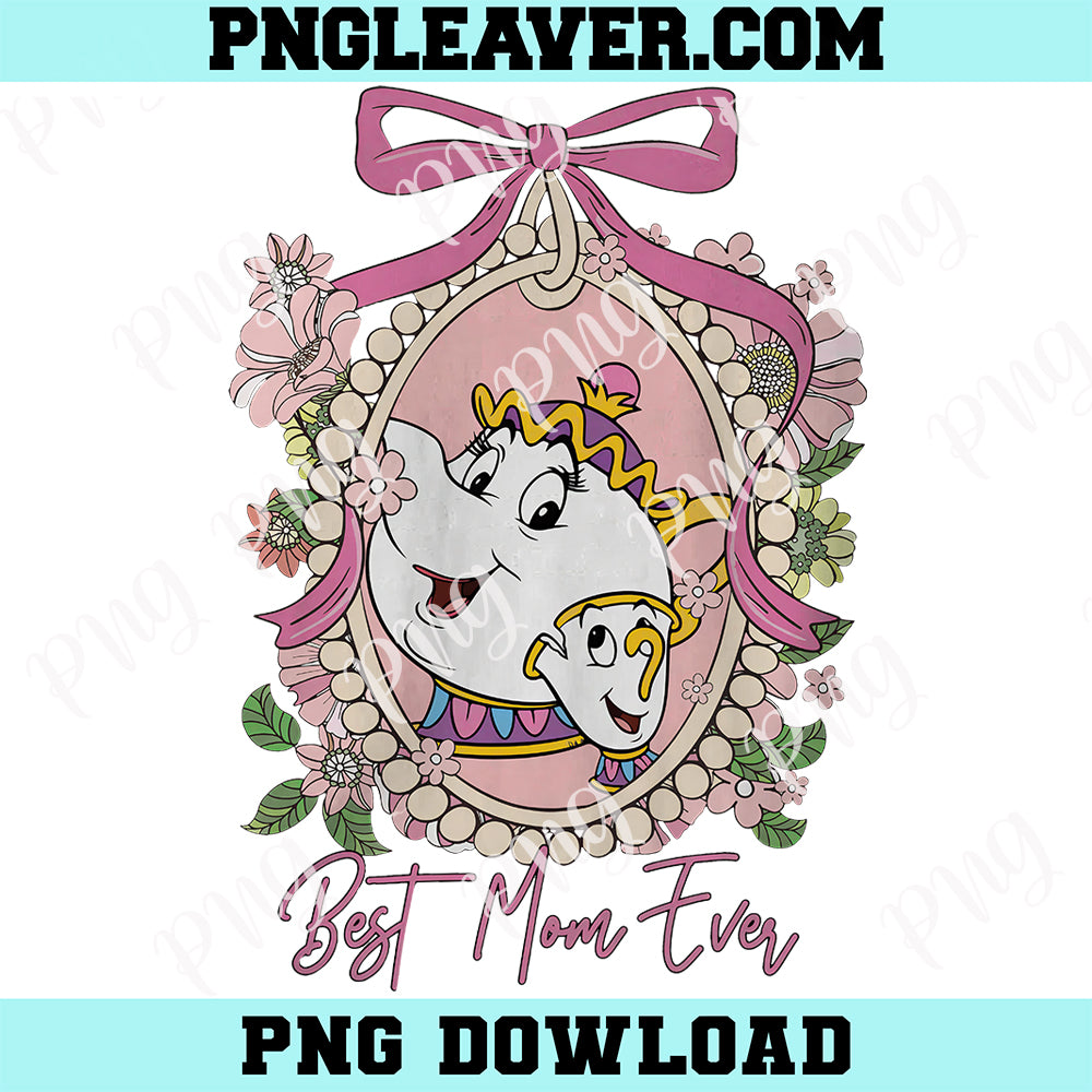 Vintage Mrs Potts And Chip Png, Best Mom Ever Coquette Bow Png, Beauty And The Beast Png