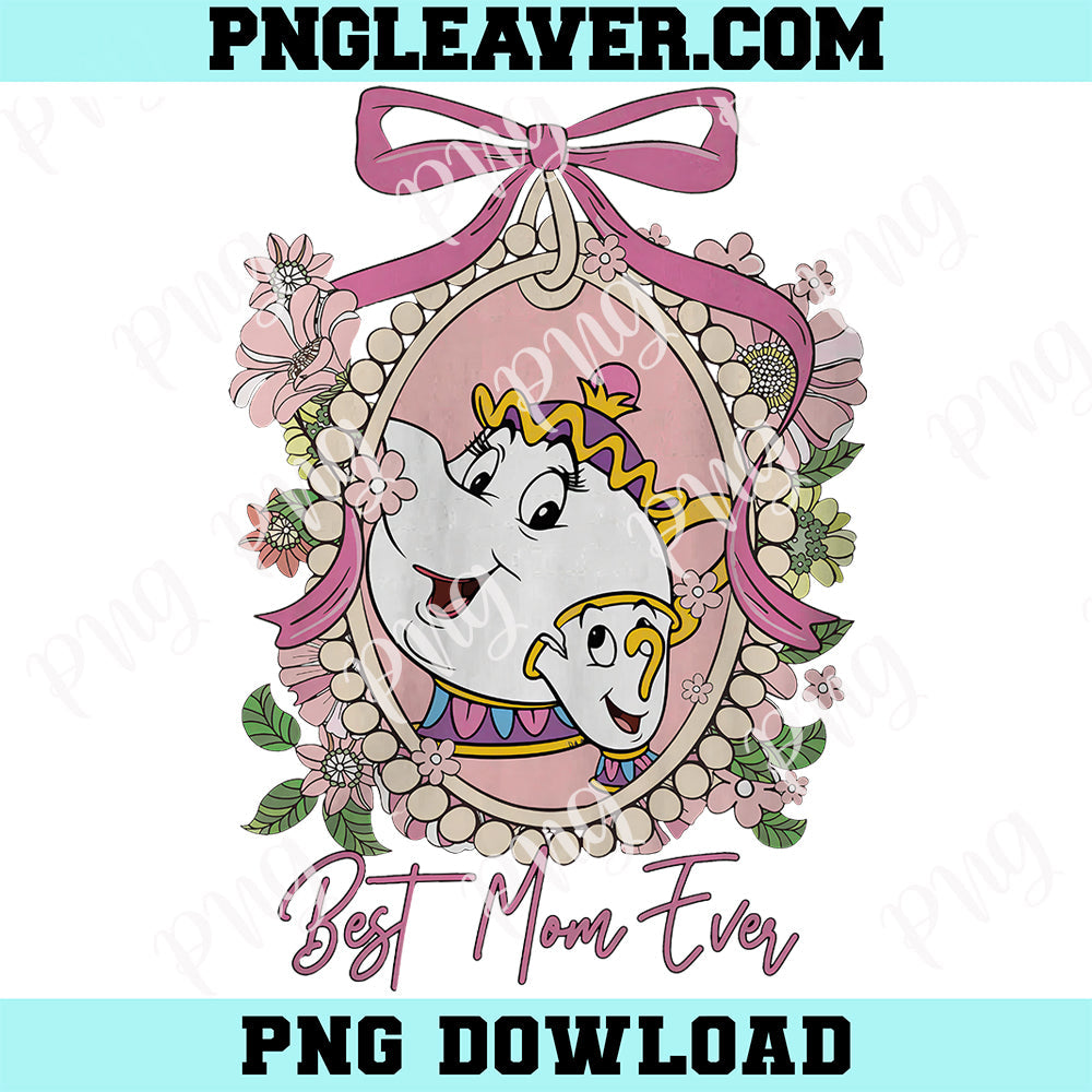 Vintage Mrs Potts And Chip Png, Best Mom Ever Coquette Bow Png, Beauty And The Beast Png