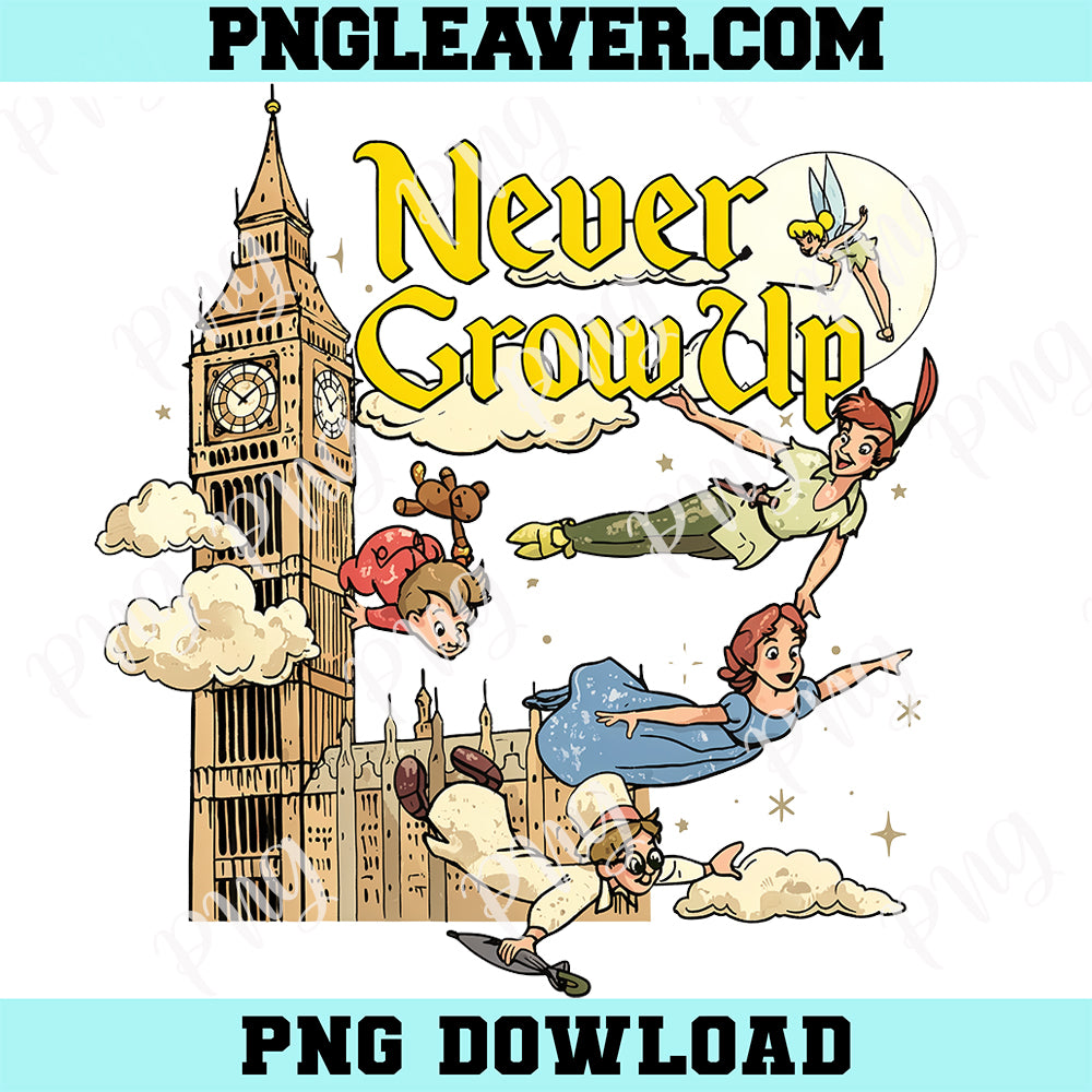 Retro Never Grow Up Disney Peter Pan Png, Peter Pan Tinker Bell Wendy John Michael Flight to Neverland Png