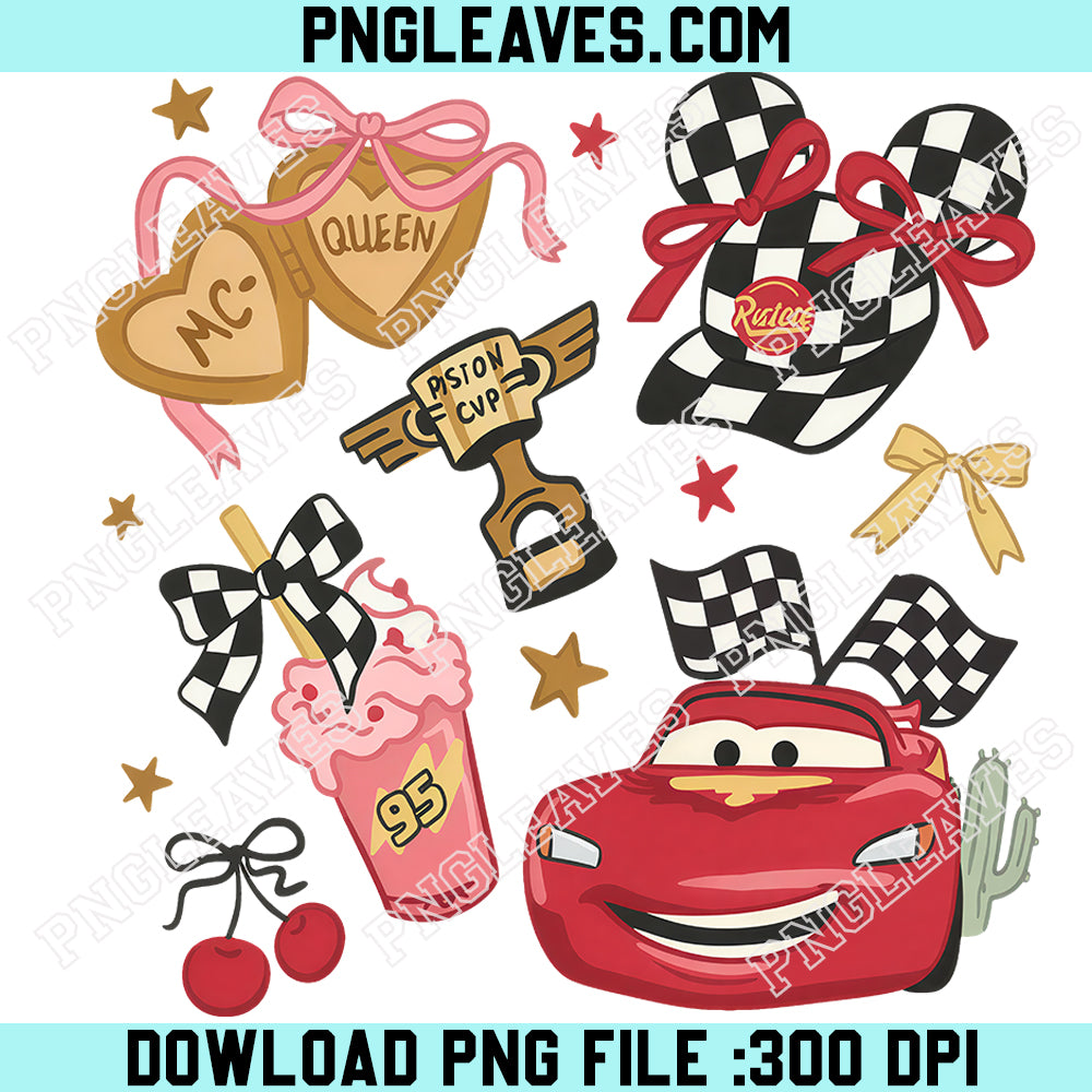 Lightning McQueen Mater Doc Hudson Sally Carrera Birthday Cars Family PNG, Coquette Bow Piston Cup Disney Cars PNG