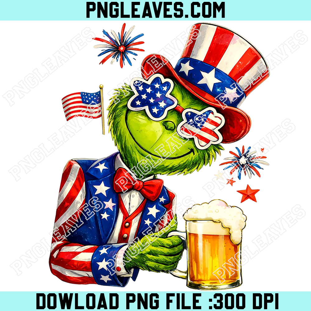 4th Of July Grinc Beer Png, Patriotic USA Grinch Design Png