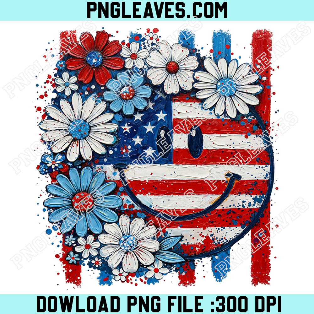 Floral Smile American Flag Png, USA Paint Png, Vintage Patriotic USA Flag Paint Png