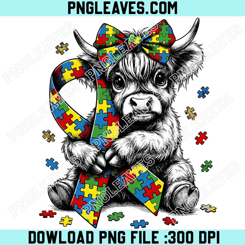 Autism Highland Cow Png, Retro Autism Puzzle Ribbon Png, Autism Awareness Png