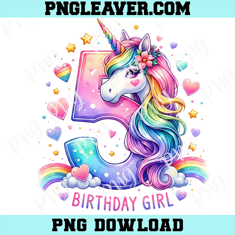 Birthday Girl Fifth Birthday Png, Unicorn Birthday Png, Girls Birthday Png