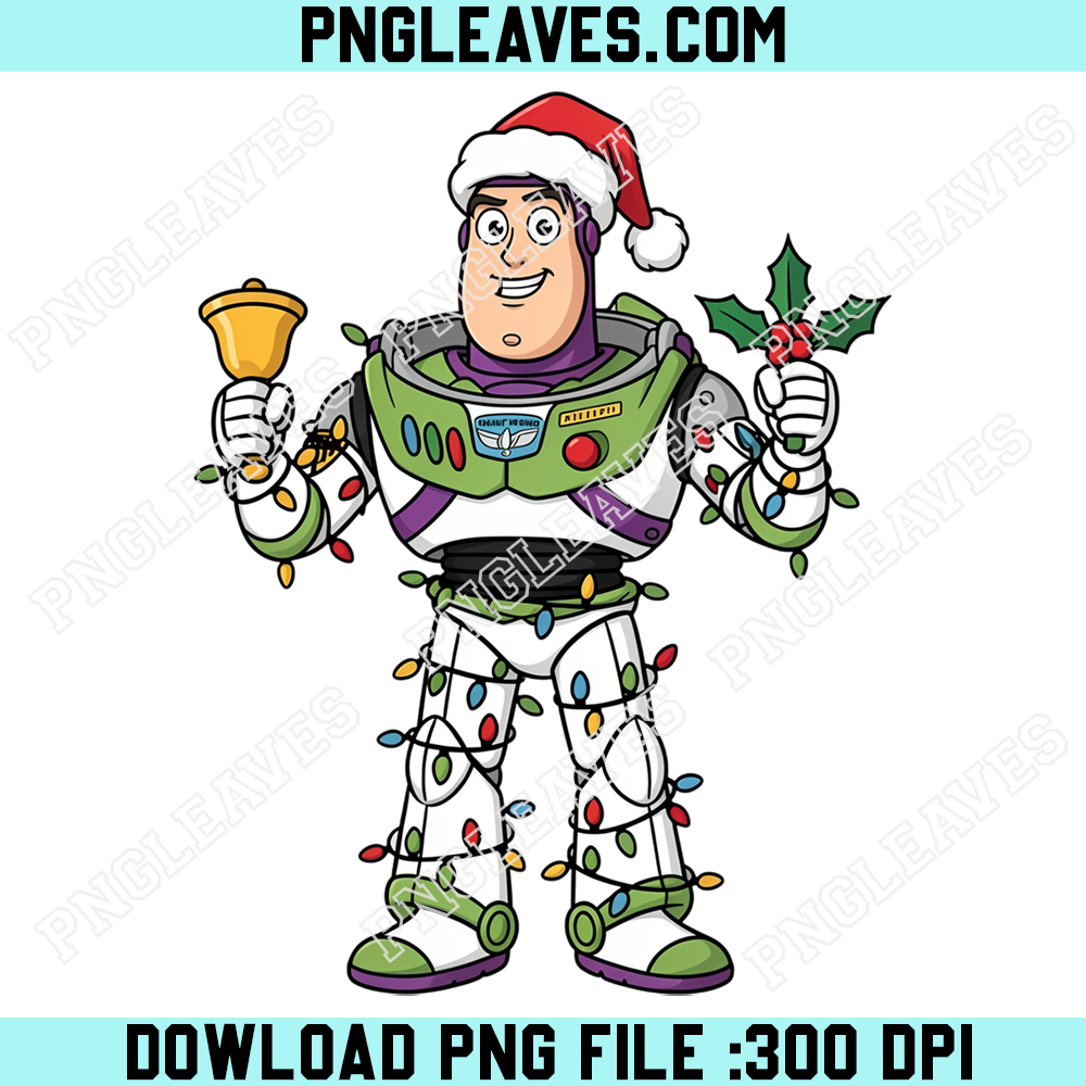Buzz Lightyear Christmas Bell PNG, Toy Story Space Ranger Santa Hat Holiday Lights Design