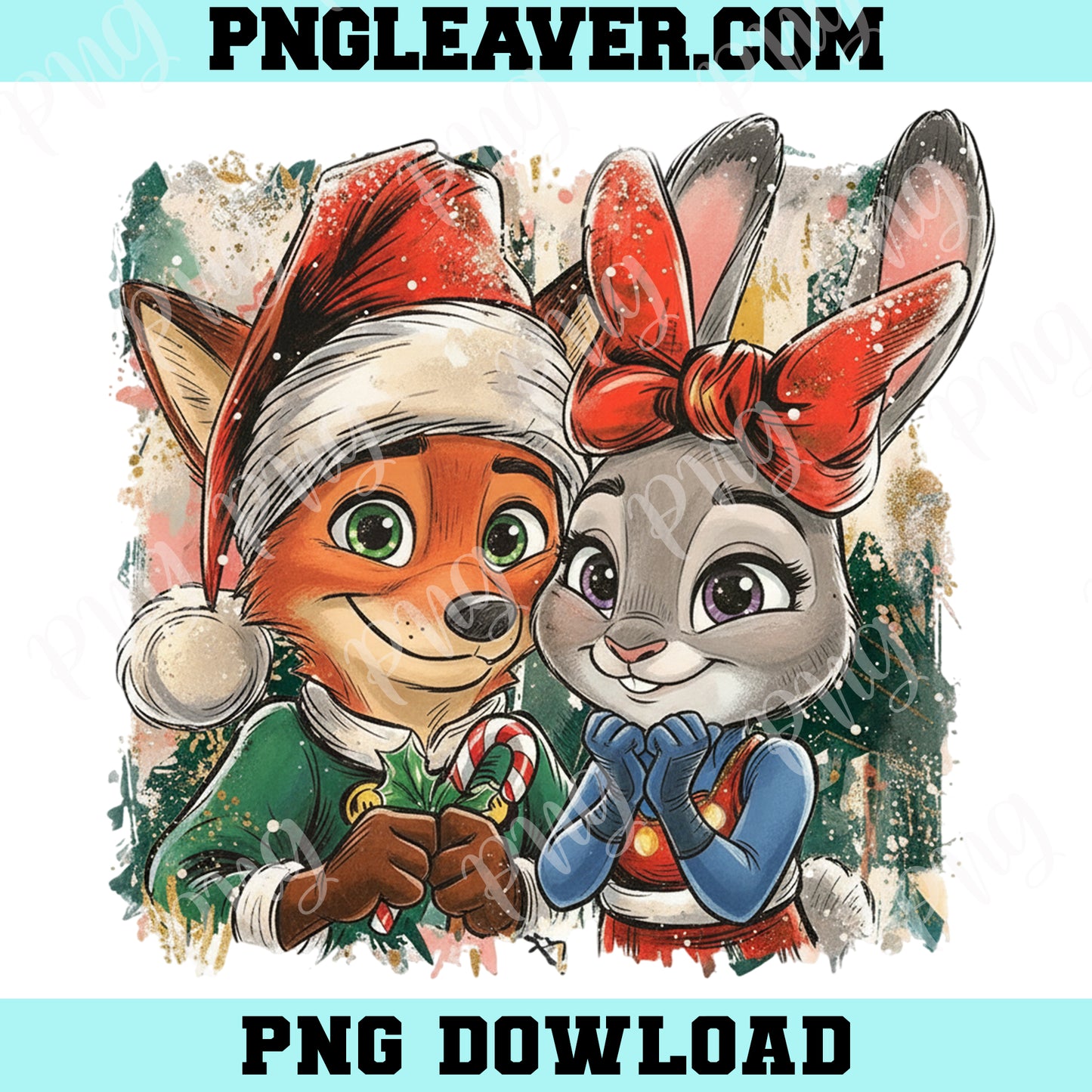 Christmas Watercolor Zootopia PNG, Zootopia Fox and Bunny Judi and Nik PNG