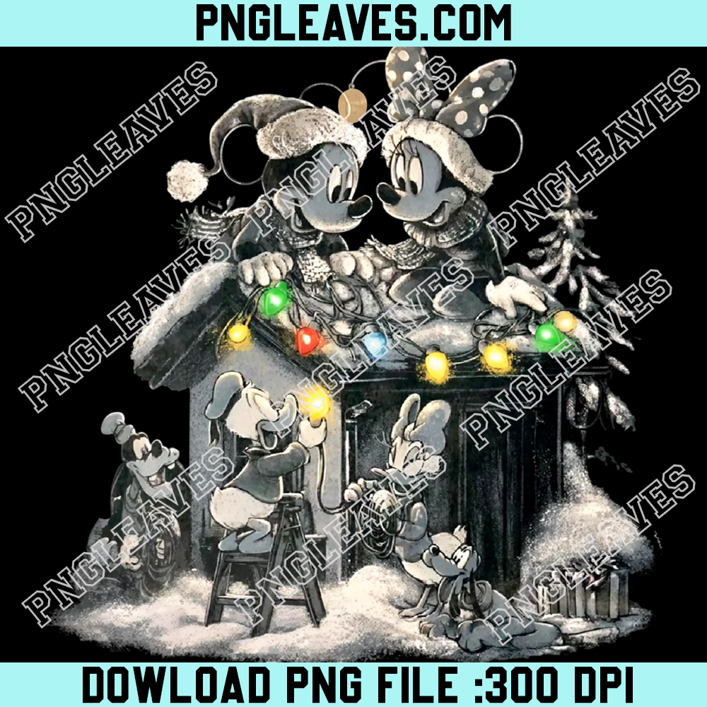 Classic Disney characters decorating rooftop with lights PNG, Mickey and Minnie Christmas snow scene PNG