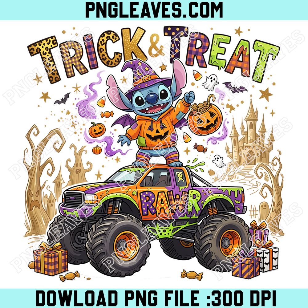 Stitch Halloween Trick or Treat Monster Truck PNG, Cute Pumpkin Witch Spooky Season Design