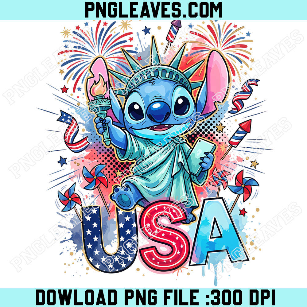 Stitch Statue of Liberty 4th of July PNG, Patriotic USA Fireworks Independence Day Design