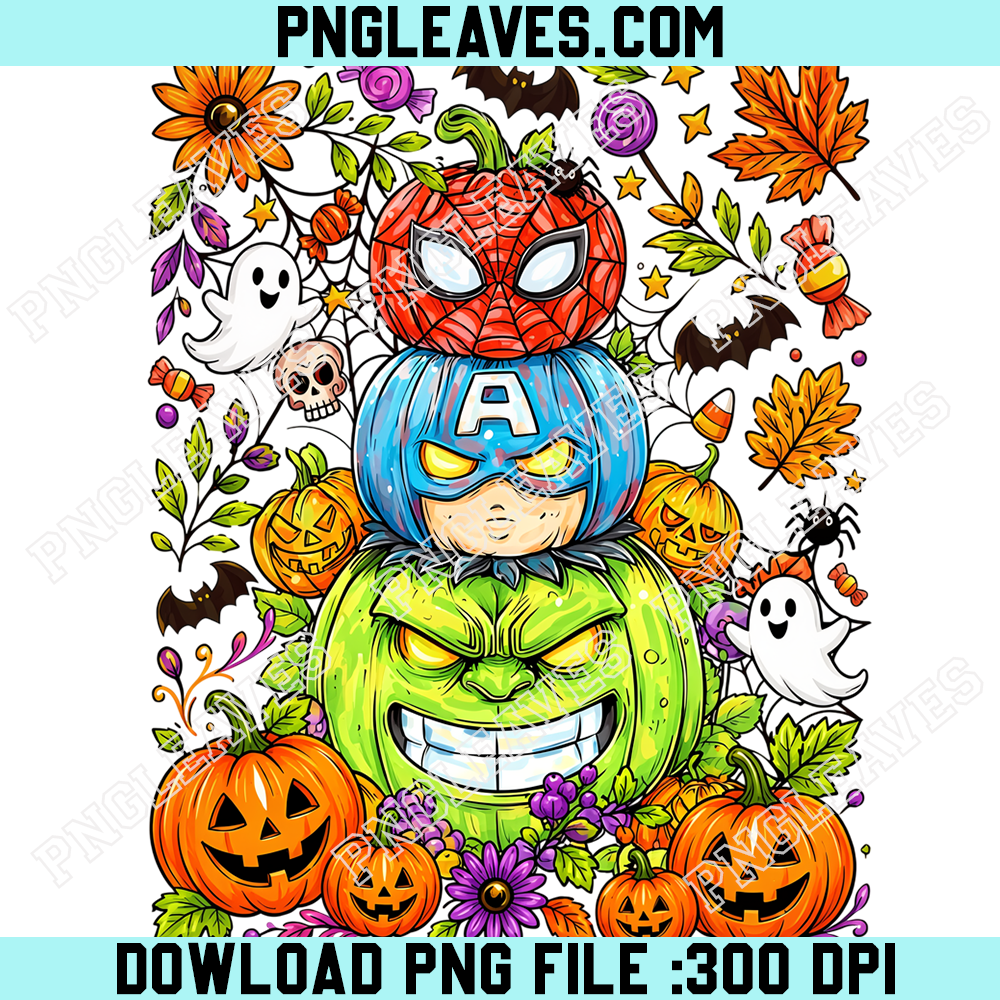 Marvel Superhero Pumpkin Flowers PNG, Hulk Spider Man Captain America Halloween PNG