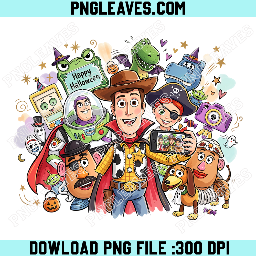 Toy Story Halloween Friends Selfie PNG, Woody Buzz Jessie Rex and Potato Head Costume Design