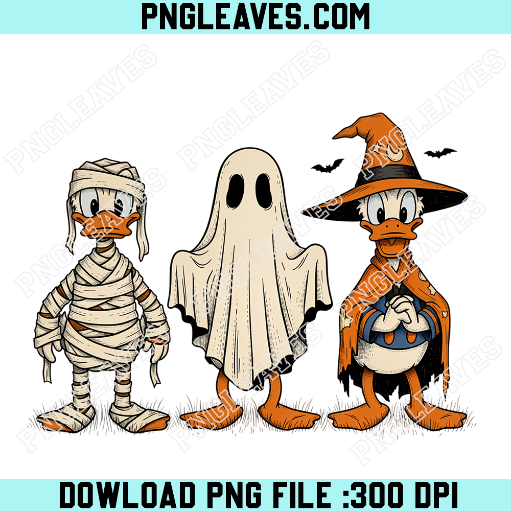 Donald Duck Halloween Costume Trio PNG, Mummy Ghost and Witch Spooky Design