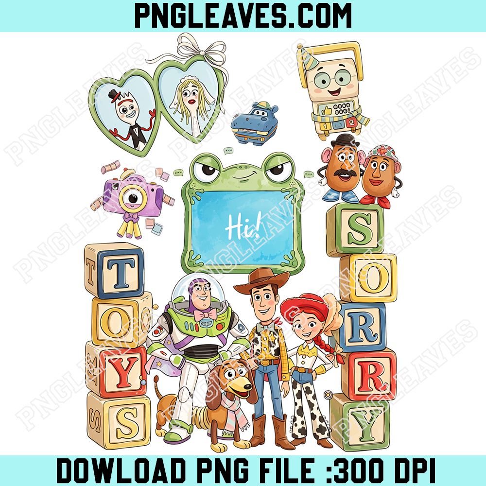 Toy Story Character Friends PNG, Woody Buzz Jessie Slinky Dog and Colorful Alphabet Blocks Design