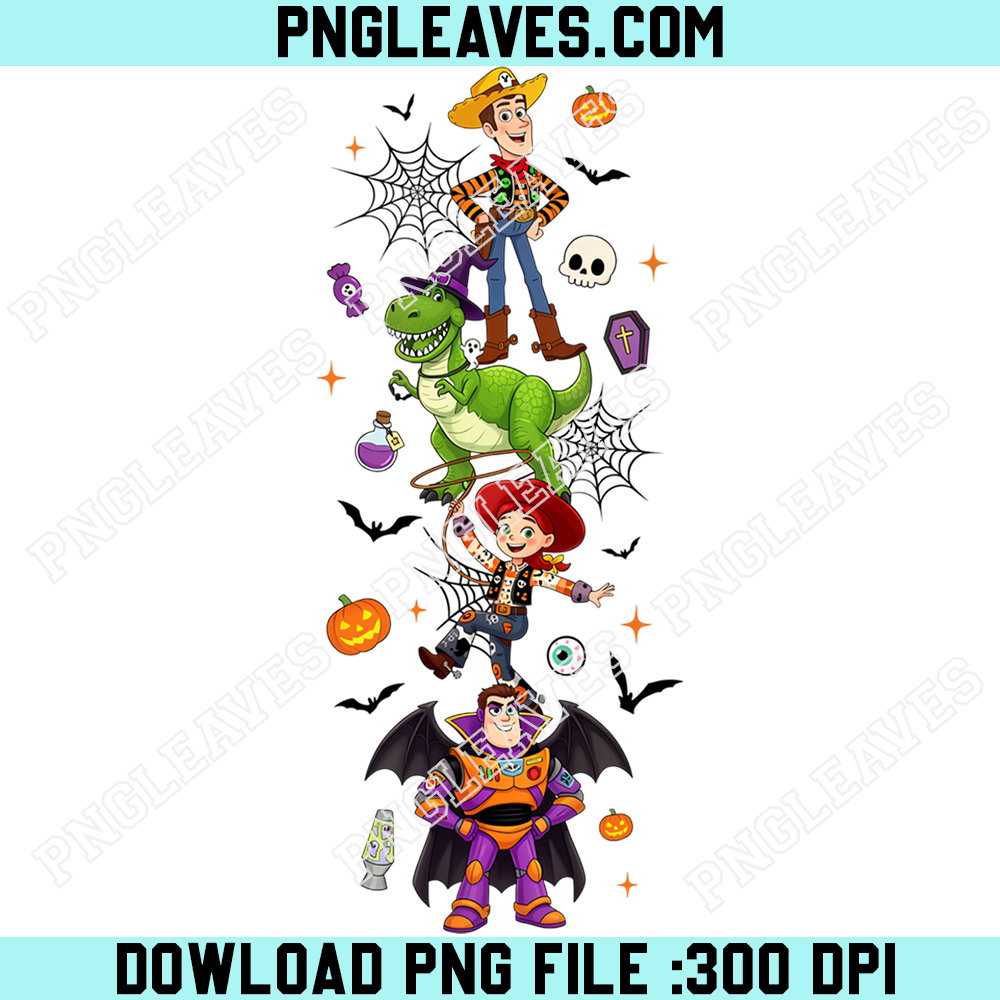 Toy Story Halloween Character Tower PNG, Woody Jessie Rex Buzz Lightyear Spooky Artwork