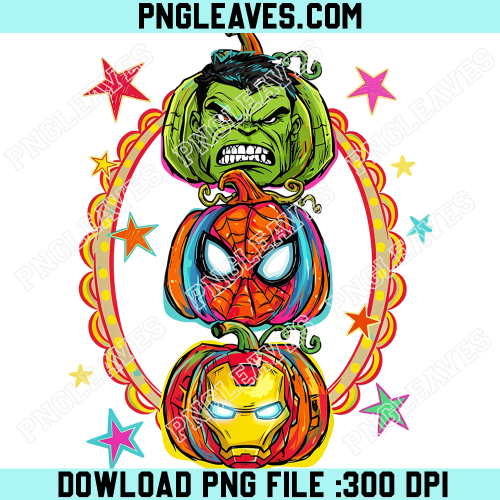 Marvel Halloween Superhero Pumpkin Trio PNG, Hulk Spider Man Iron Man Jack O Lantern Art