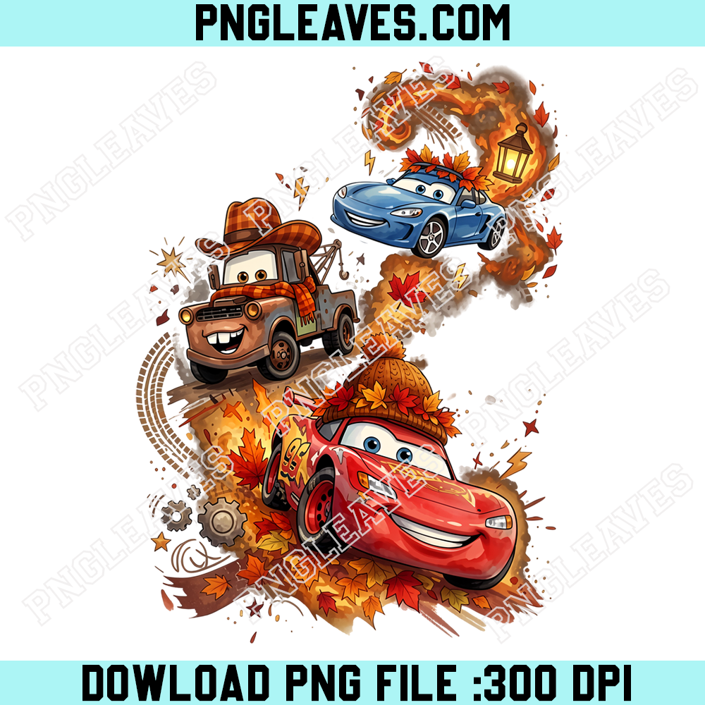 Disney Cars Autumn Racing Trio PNG, Lightning McQueen Mater Sally Fall Leaves Artwork