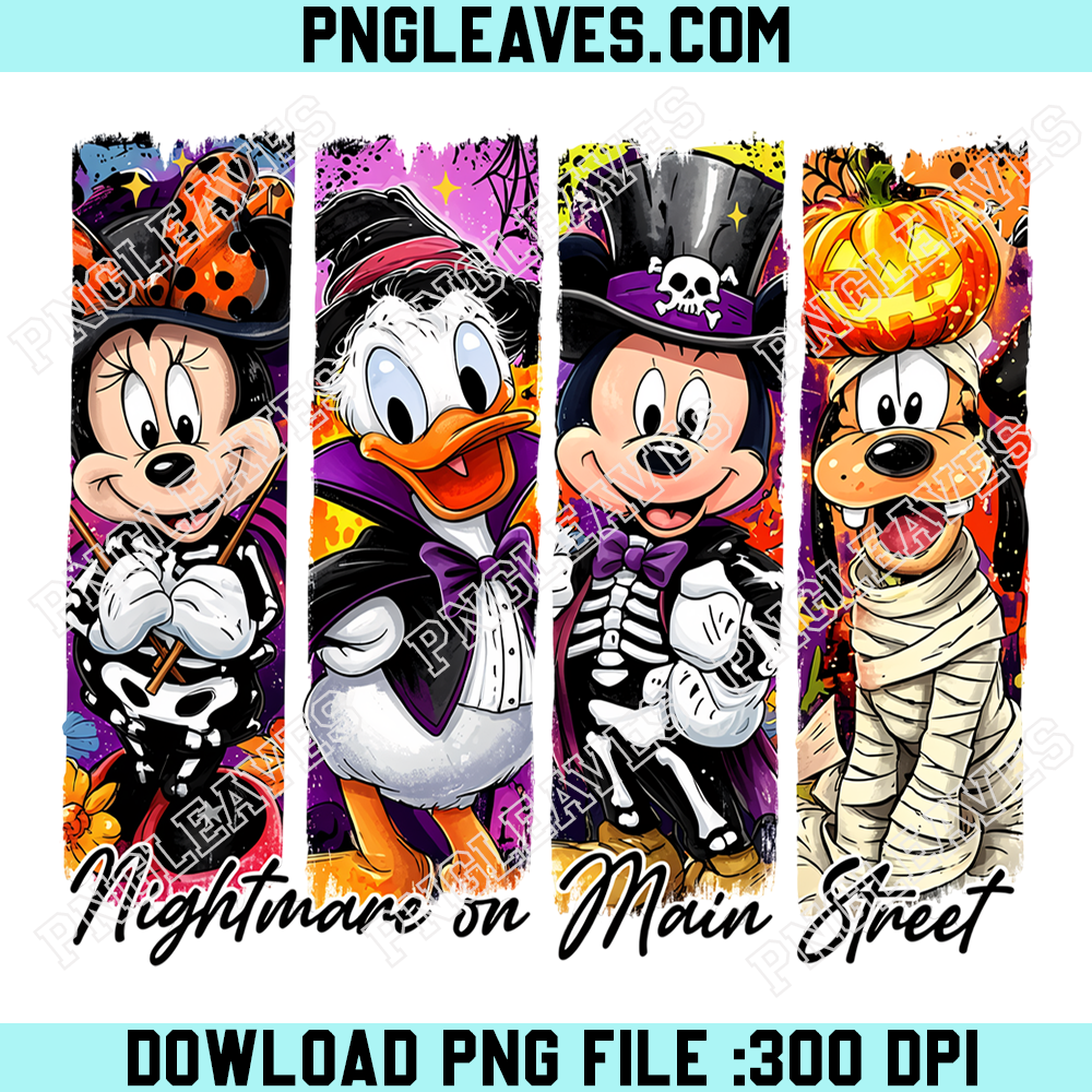 Disney Halloween Nightmare Character Panels PNG, Mickey Minnie Donald Goofy Skeleton Costume Artwork