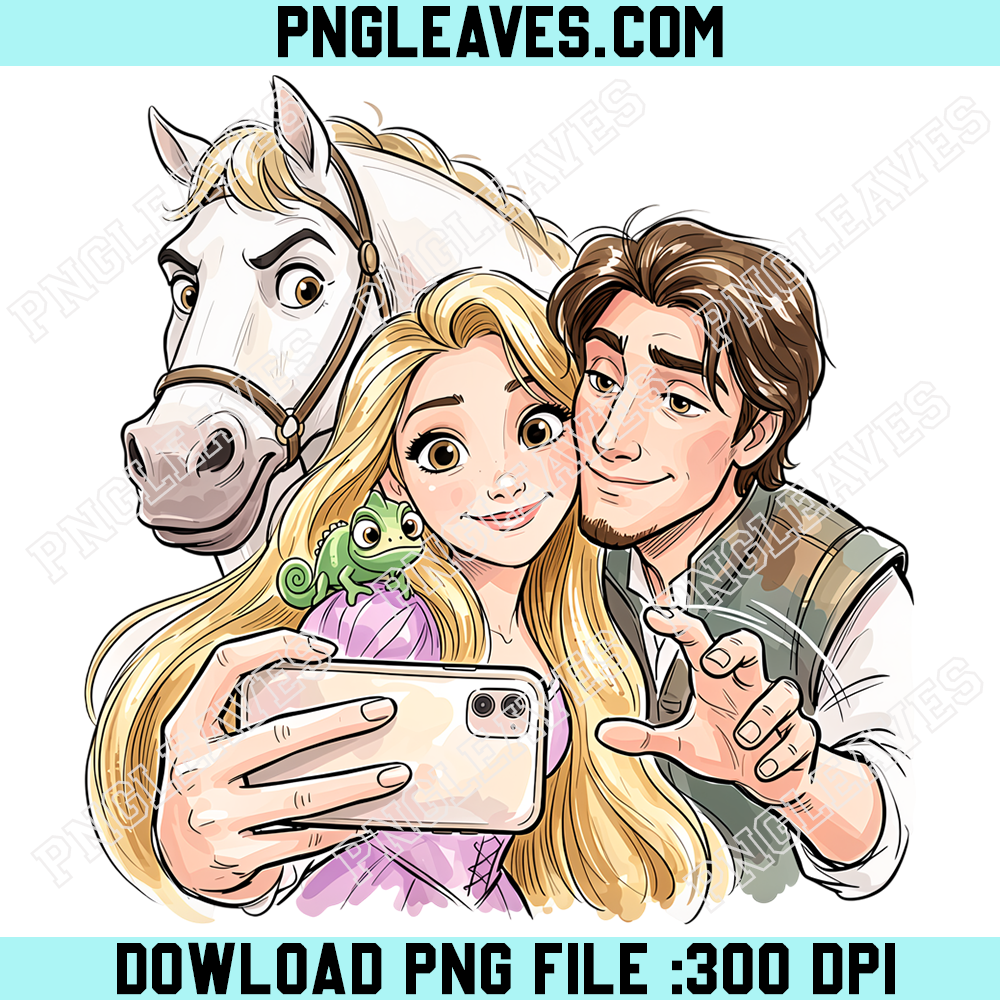 Tangled Rapunzel and Flynn Rider Selfie PNG, Pascal Chameleon Maximus Horse Princess Design