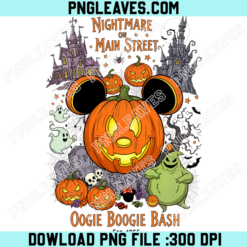 Nightmare On Main Street Halloween PNG, Mickey Pumpkin Oogie Boogie Haunted Castle Design