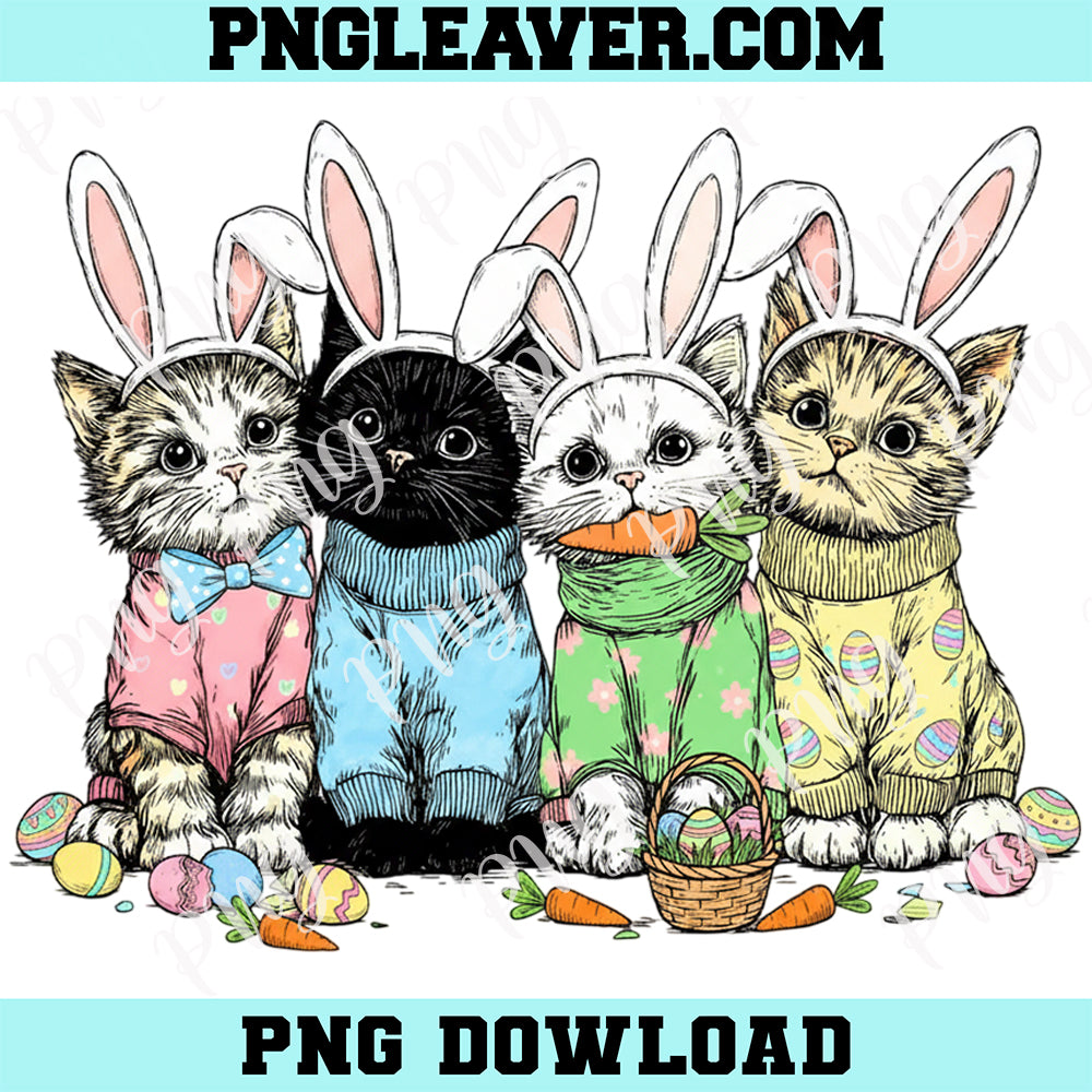 Easter Bunny Hand Painted Png, Bunny Ear Kittens Png, Spring Easter Animal Png
