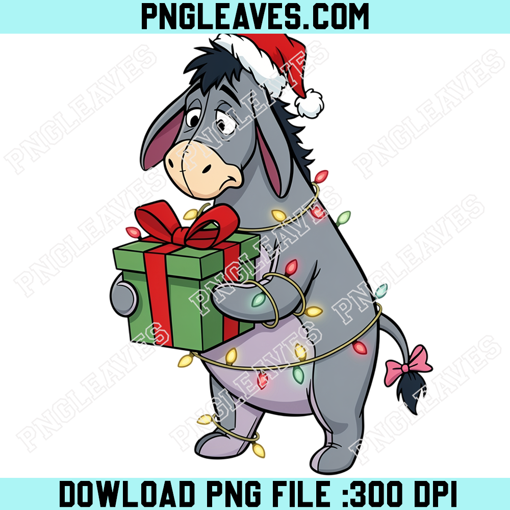 Eeyore Christmas Gift PNG, Winnie the Pooh Donkey Santa Hat Festive Lights Design