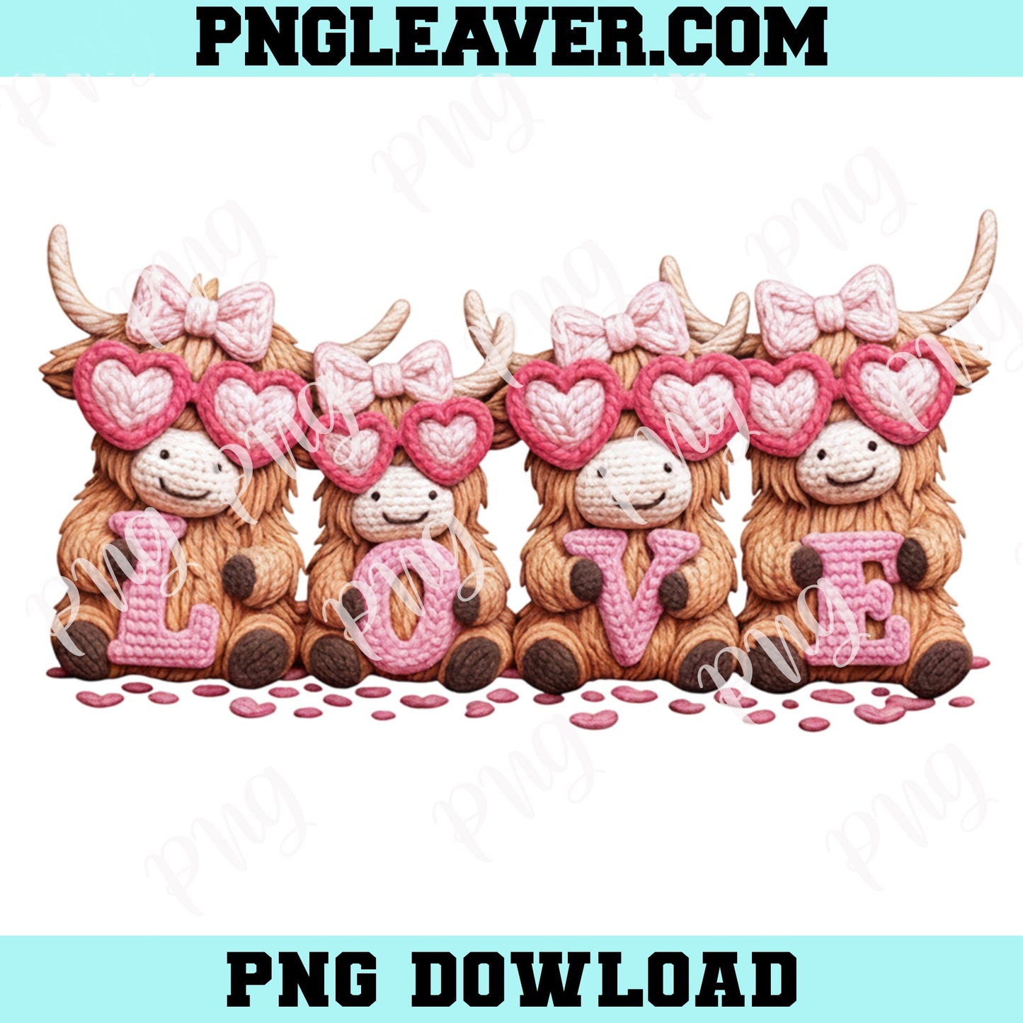 Faux Yarn Highland Cow Love Png, Valentine Coquette Png, Crochet Valentine Heart Png, Love Png