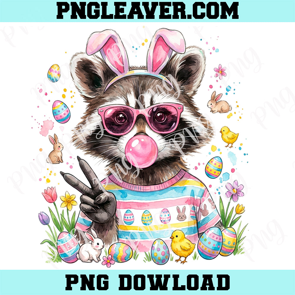 Raccoon Easter Hello Bubble Gum Png, Colorful Easter Egg Raccoon, Trendy Spring Png