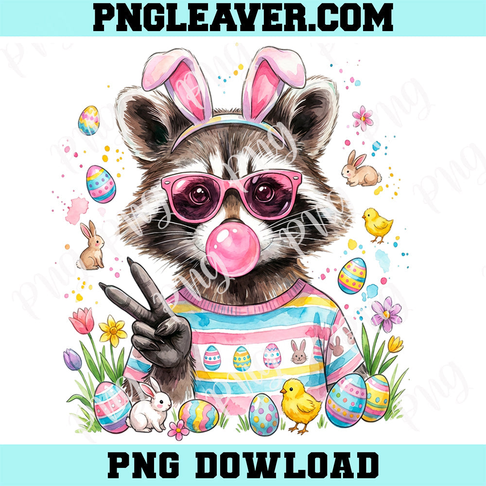 Raccoon Easter Hello Bubble Gum Png, Colorful Easter Egg Raccoon, Trendy Spring Png