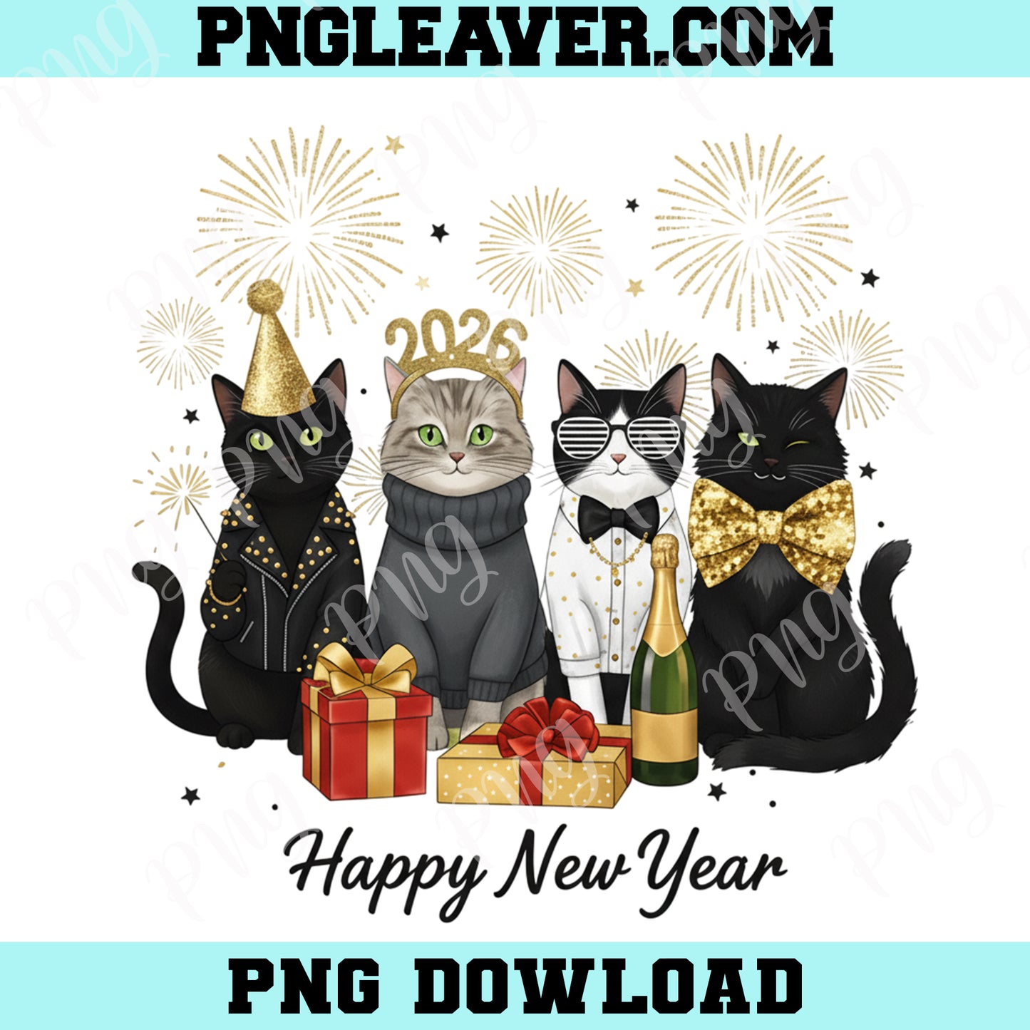 Gillter Happy New Year Cat PNG, Cute Cats New Year Holiday Pet Png, Cat Lover Shirt Design New Year 2026