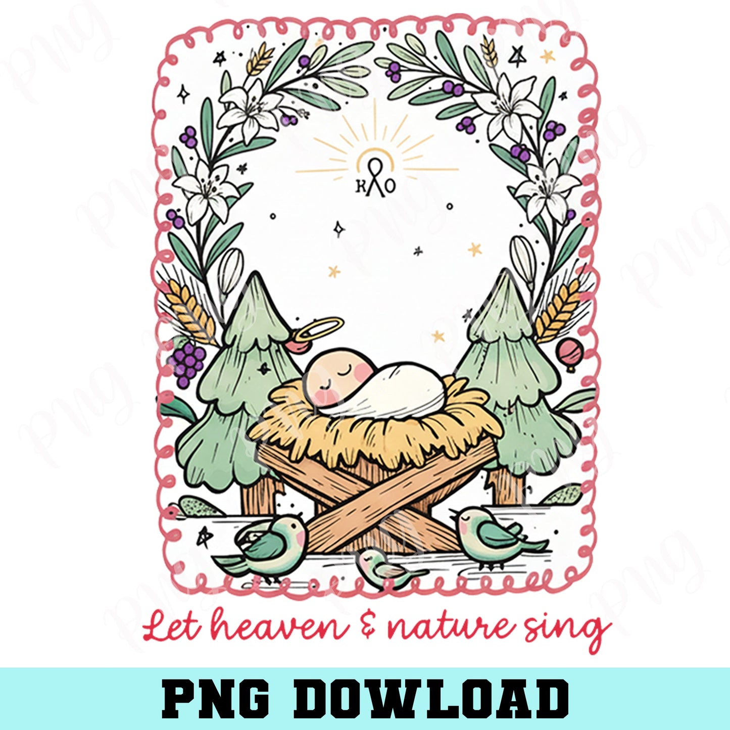 Heaven and Nature Sing PNG, Preppy Christmas Nativity Bow Trees Design, Jesus Baby Png