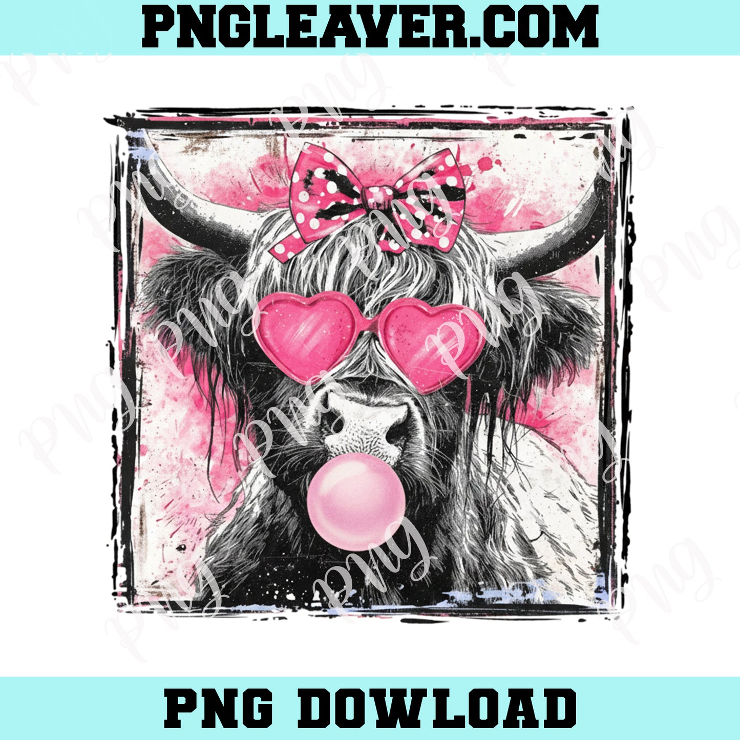 Highland Cow Pink Love Png, Highland Cow Valentine Coquette Png, Valentine's Day, Retro Cow Valentine Png