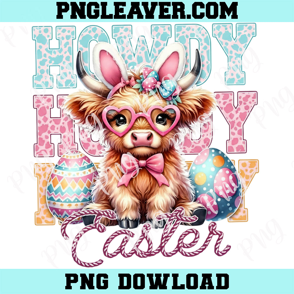Howdy Easter Cute Highland Cow Png, Western Easter Bunny Ears Png, Cattle Easter Png