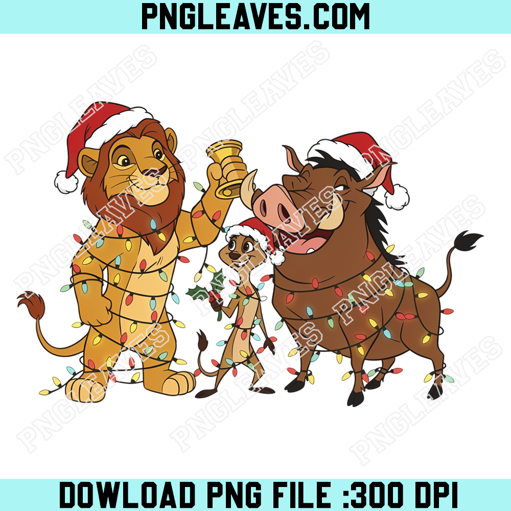 Lion King Simba Timon Pumbaa Christmas PNG, Disney Safari Friends Santa Hats Holiday Lights Design