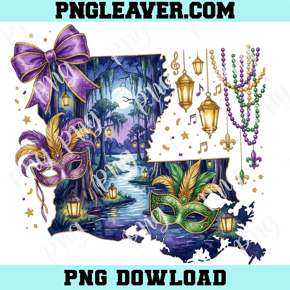 Louisiana Map Mardi Gras PNG, Mardi Gras Bayou Png, Night Swamp Art, New Orleans Masquerade Design Png