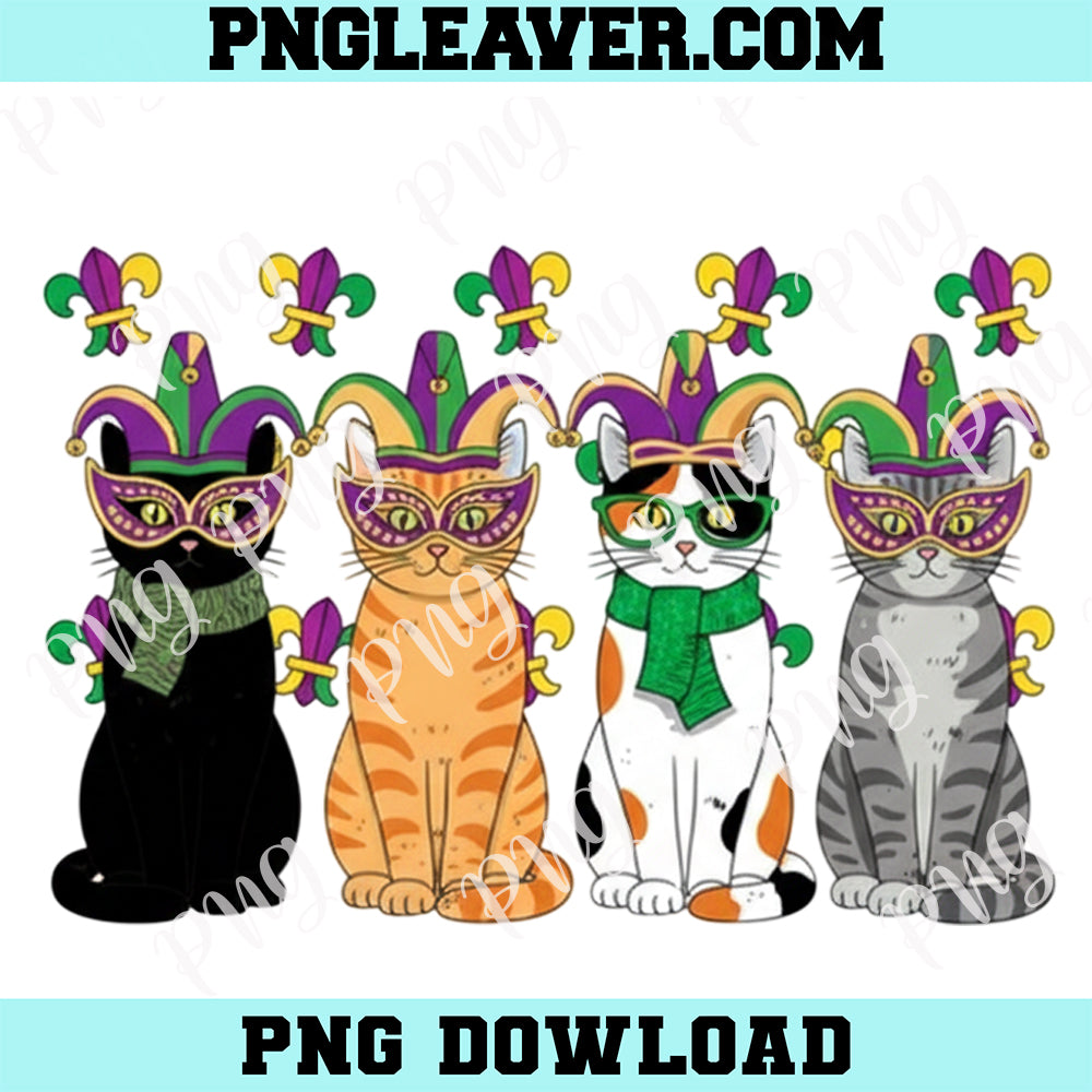 4 Mardi Gras Cat PNG, Cute Mardi Gras Cats Png, Carnival Cat Mask Beads King Cake Png