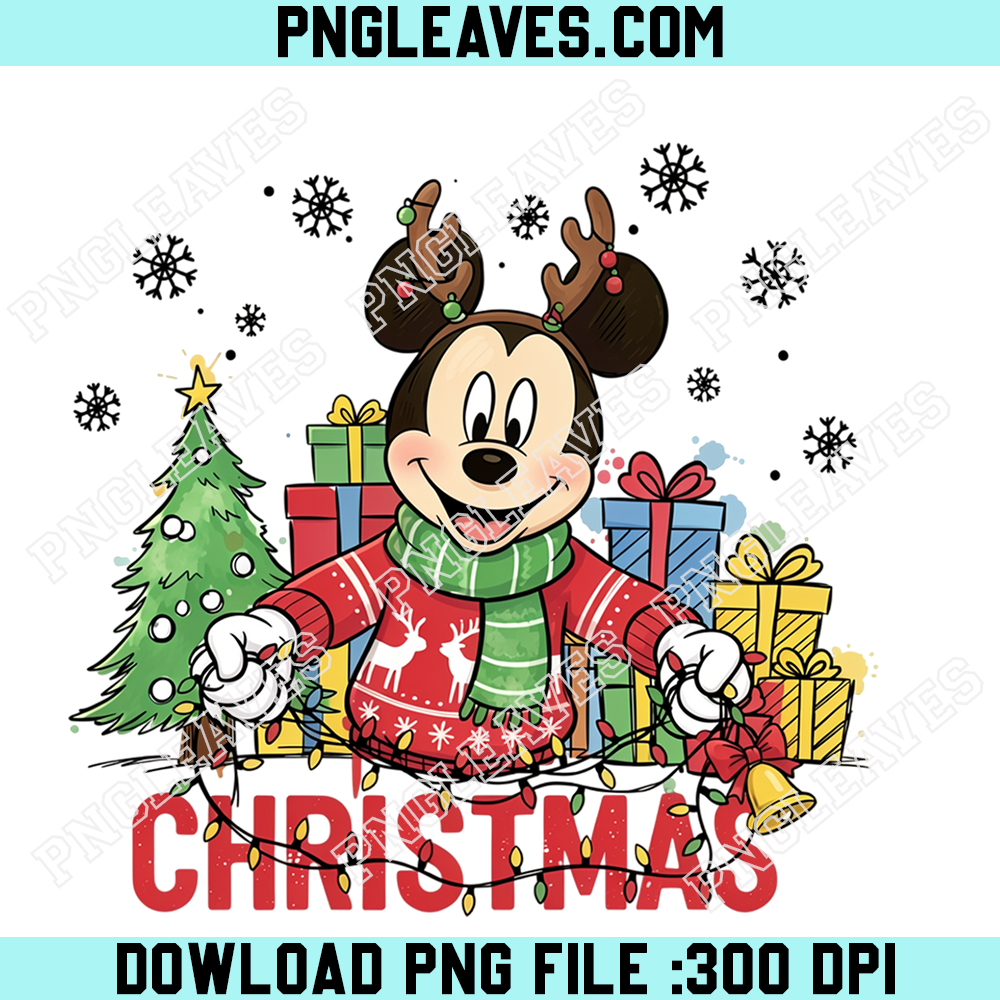 Mickey Mouse Christmas Sweater PNG, Festive Reindeer Ears and Holiday Lights Design