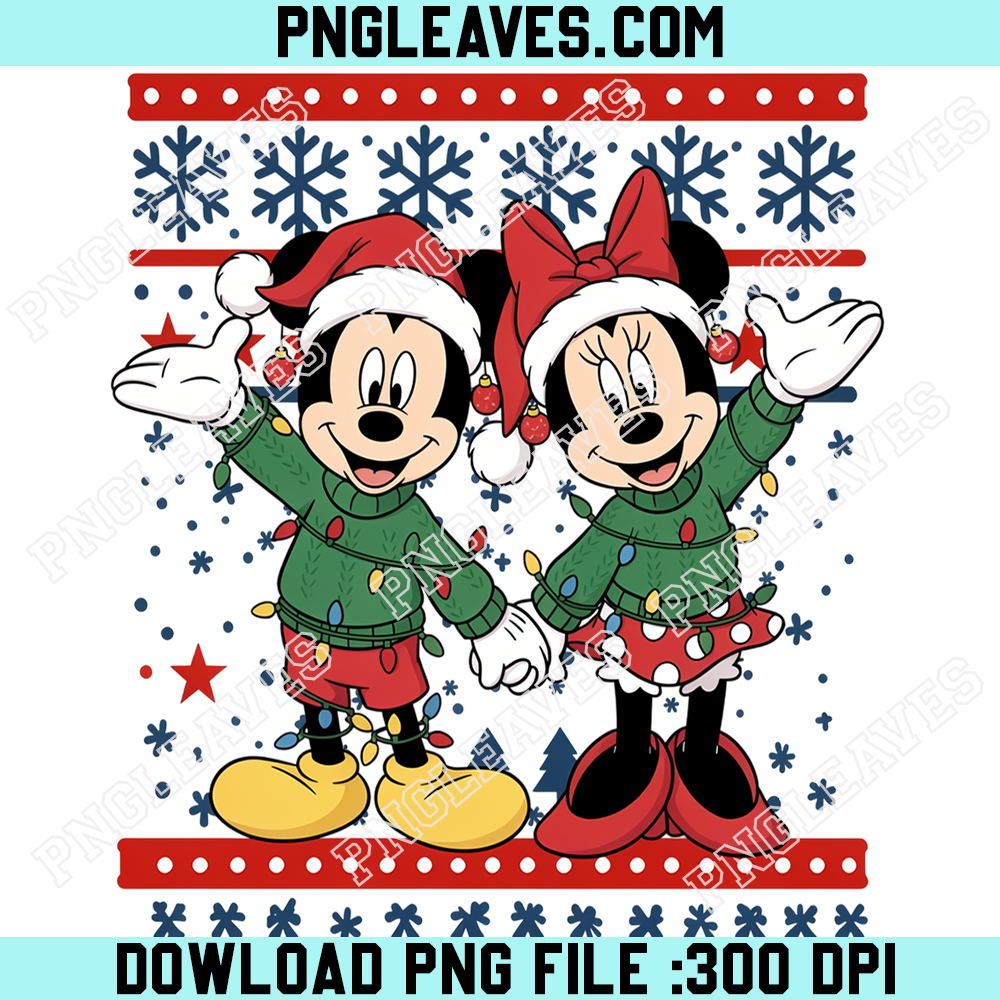 Mickey and Minnie Christmas Couple PNG, Disney Holiday Sweethearts Matching Green Sweaters Snowflake Design