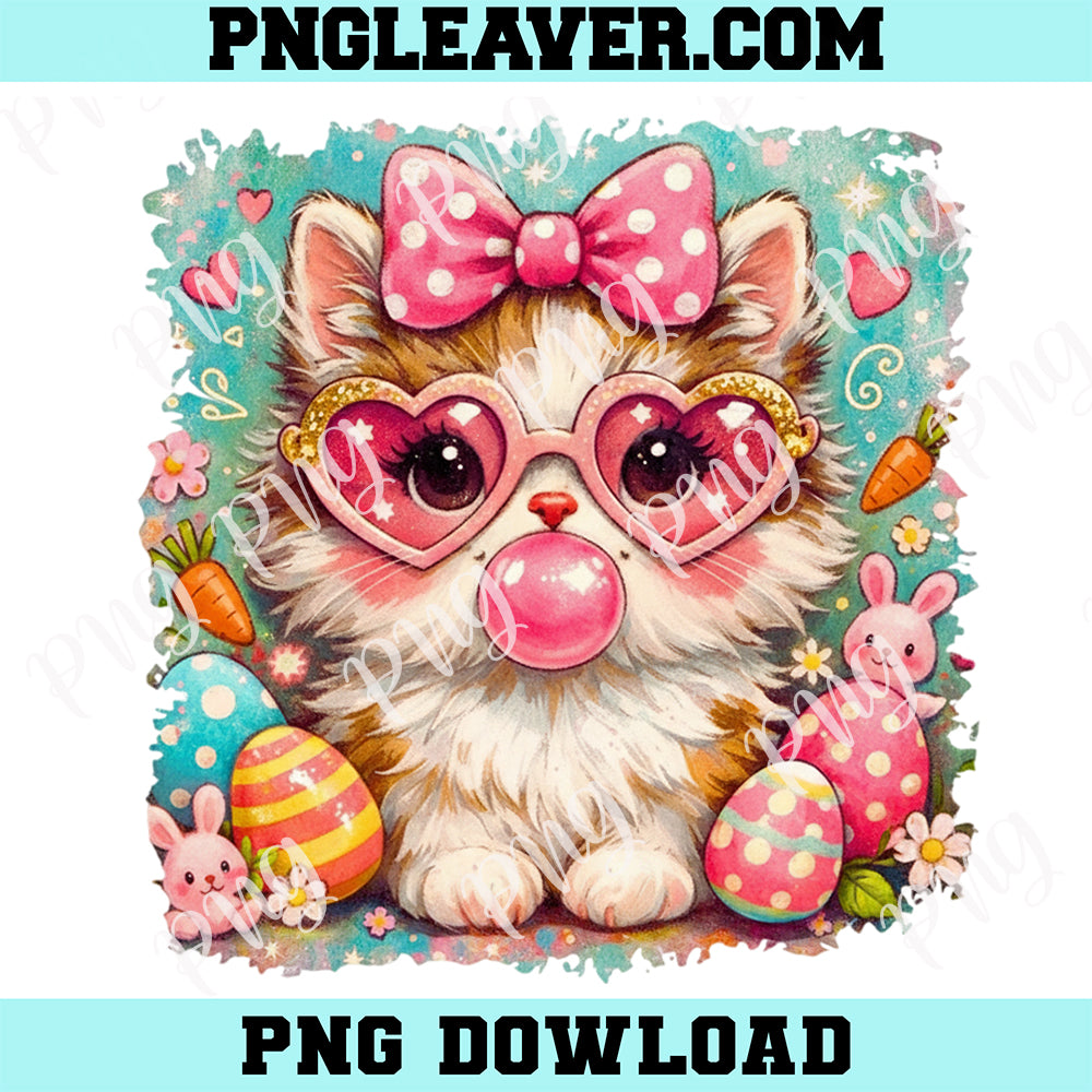 Preppy Easter Cat Blow Bubbles Png, Cute Easter Cat Png, Spring Kitty Png