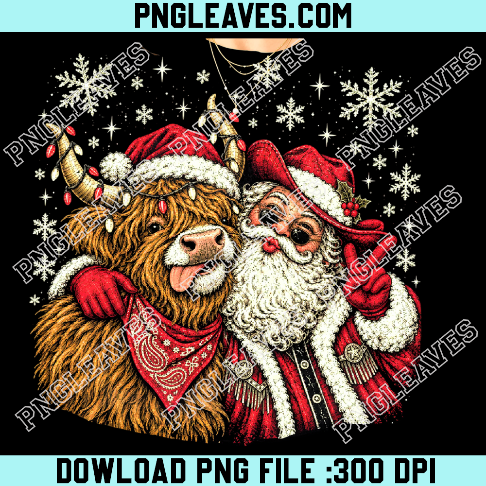 Santa Claus and Highland cow with Christmas lights PNG, Country Christmas cute animals PNG