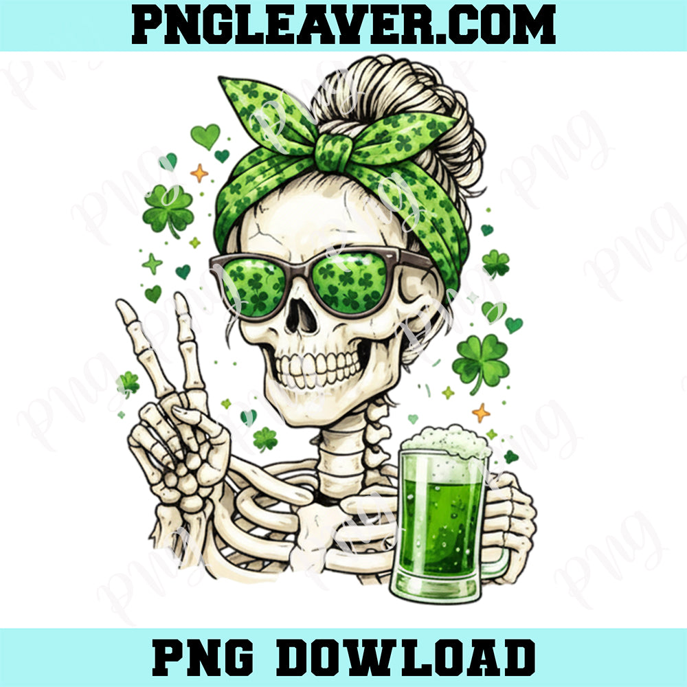 Patrick Day Skull Sunglass Messy Png, Skull Sunglass Messy Bun Irish Funny St Patrick's Day Women Png