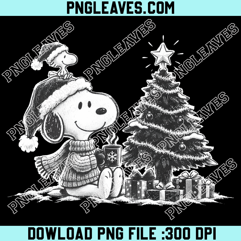 Snoopy drinking hot cocoa by Christmas tree PNG, Cute winter Snoopy with gifts PNG