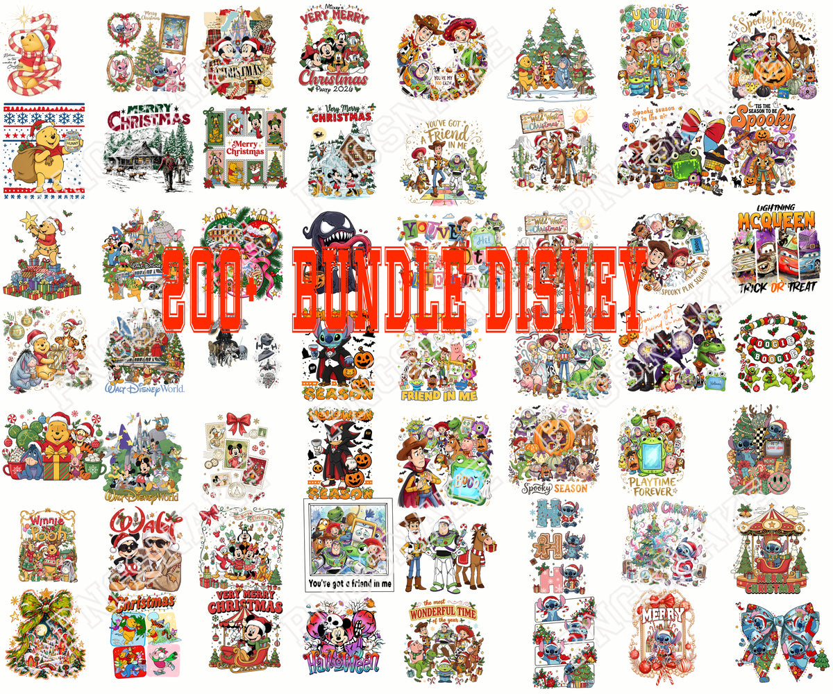 Disney Christmas and Halloween PNG Bundle, Winnie the Pooh Stitch Mickey Mouse Toy Story and Disney Character Holiday Designs, 200 Bundle Disney PNG