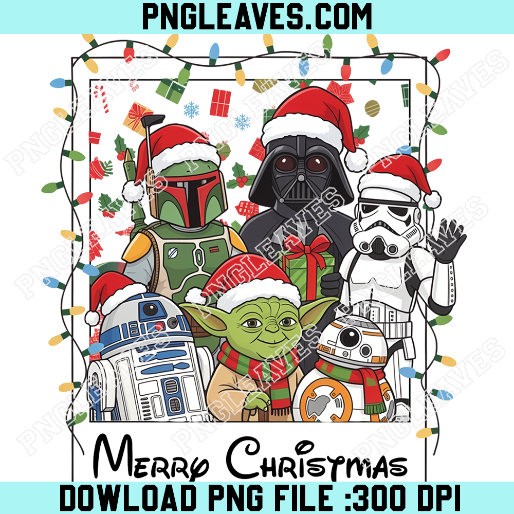 Star Wars Christmas Holiday Portrait PNG, Darth Vader Boba Fett Yoda and Droids Wearing Santa Hats with Festive Lights