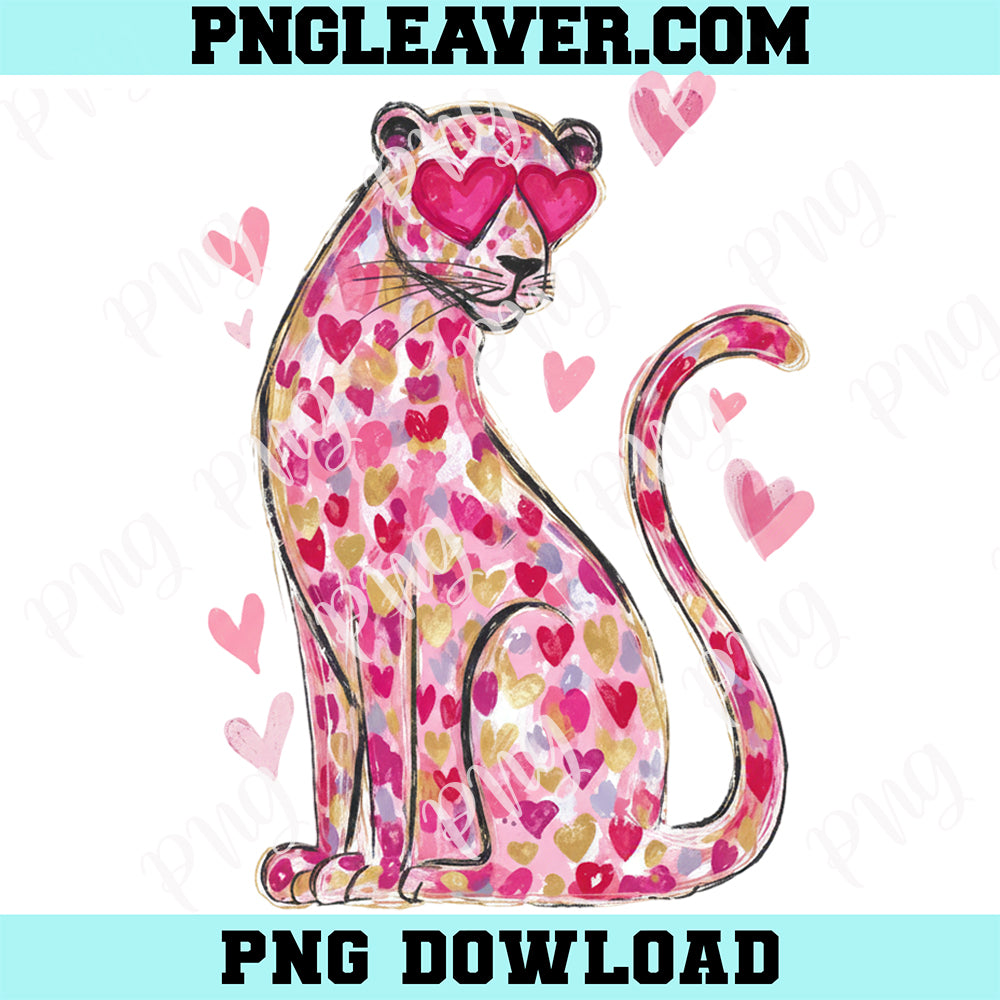 Valentine Leopard Pink Heart New PNG, Heart Pattern Pink Animal Png, Cute Love Cat Watercolor Png