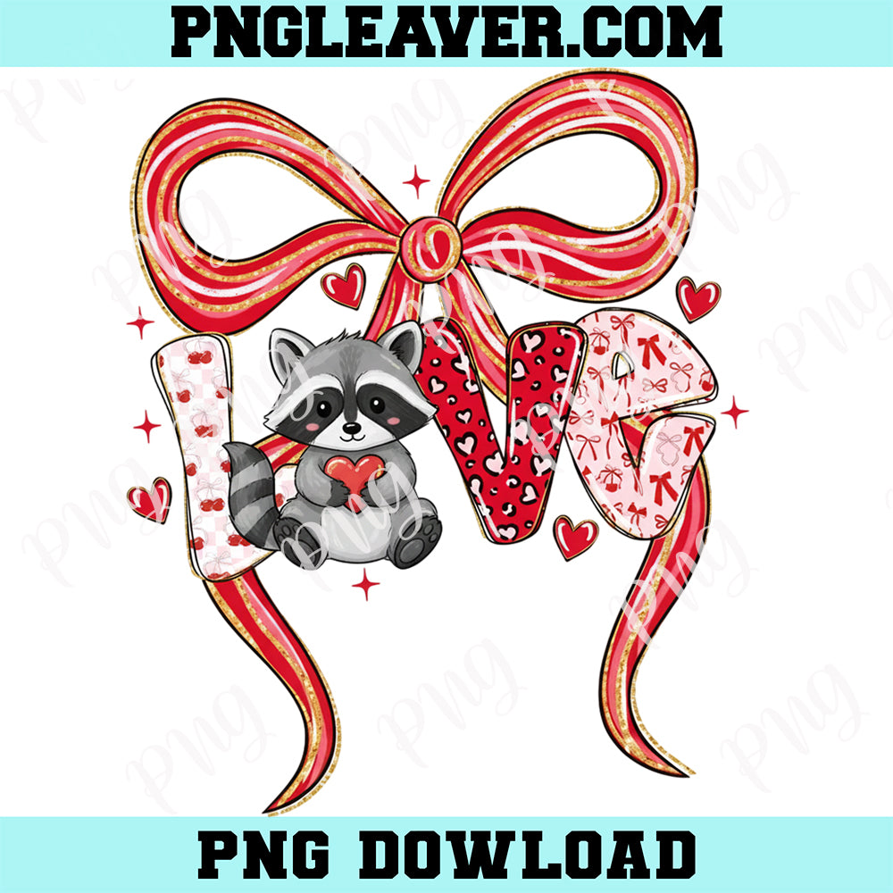 Preppy Coquette Valentine Racoon PNG, Valentine Bow Pink Red Png
