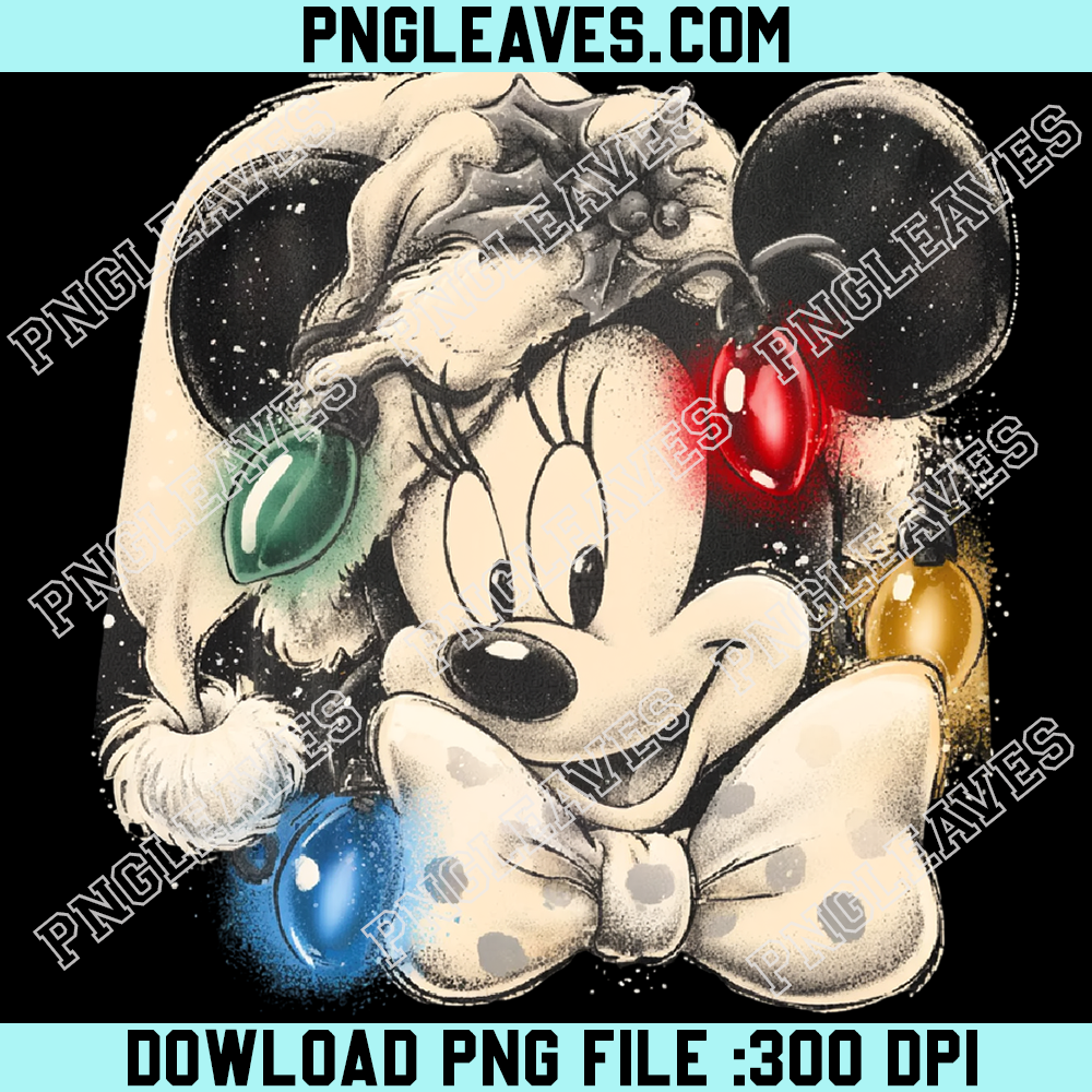 Vintage Minnie Mouse in Santa hat with lights PNG, Retro Minnie Christmas face PNG