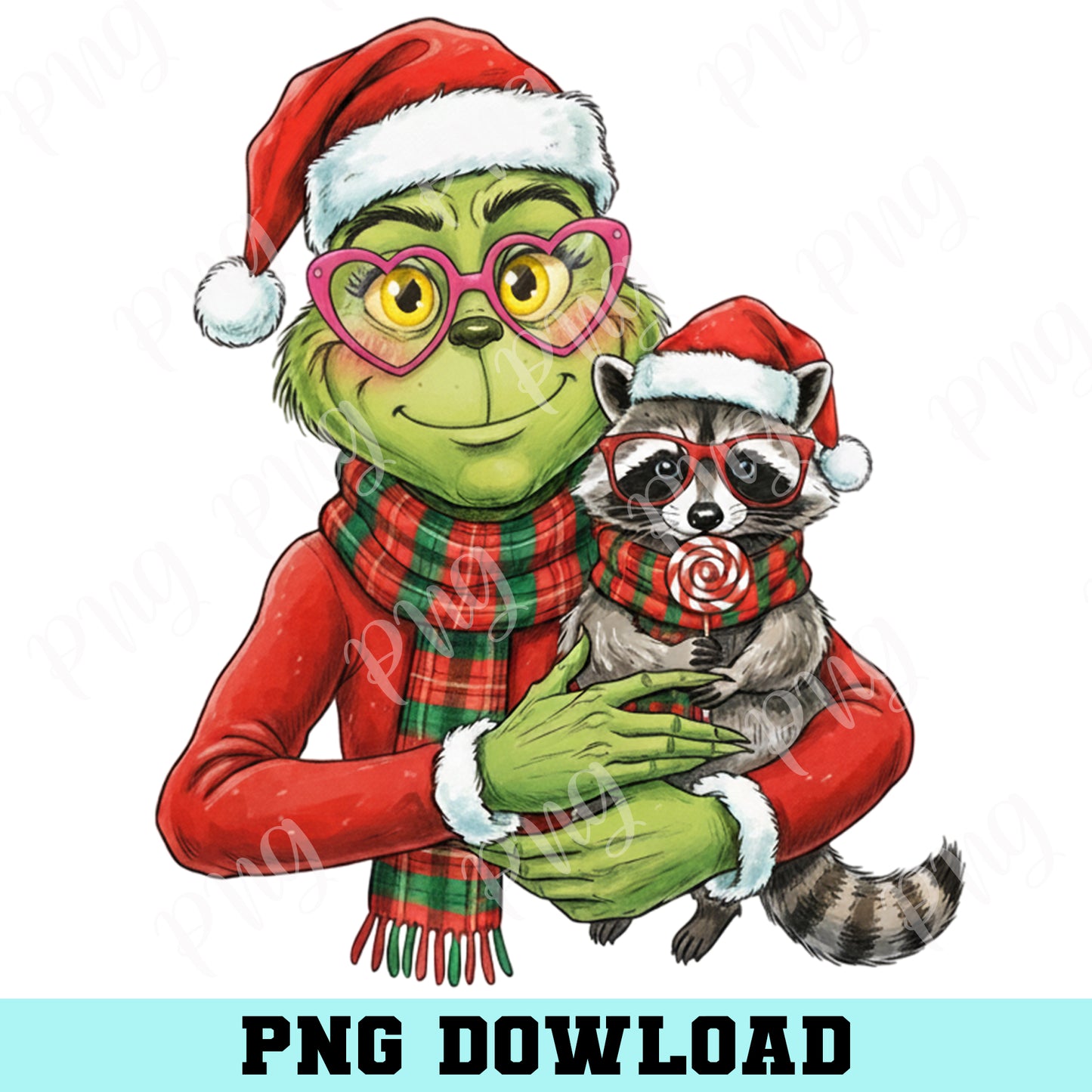 Grinch Santa Hug Racoon Png, Grinch And Racoon Christmas Png
