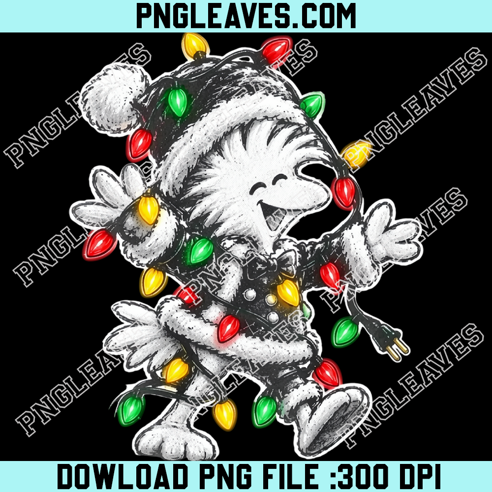 Woodstock wrapped in Christmas lights and Santa hat PNG, Cute little bird holiday lights vector PNG